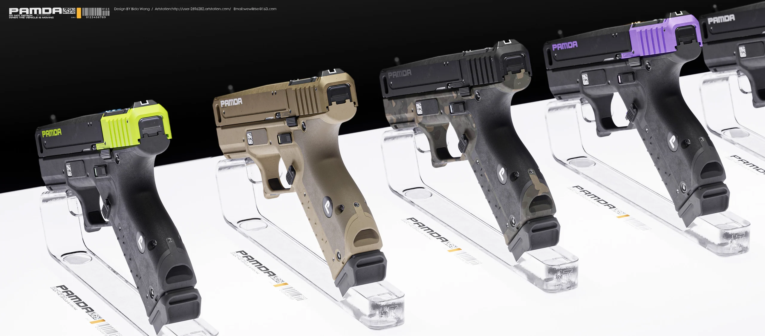 PAMDA Pistol — finish variations, concept artwork by Bida Wang